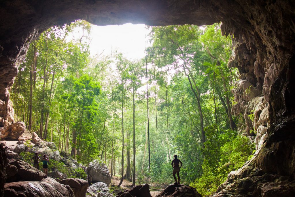 silhouette of woman standing in entrance to large cave with greenery in background